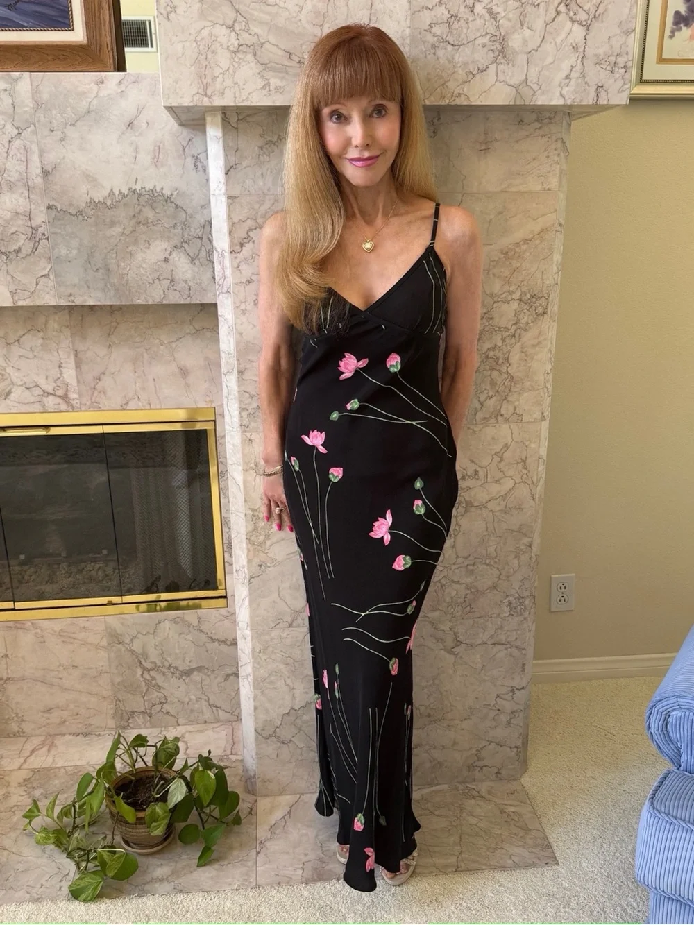 Betsey Johnson Vintage Black Maxi Slip Dress with Pink Floral Buds - Picture 2 of 5
